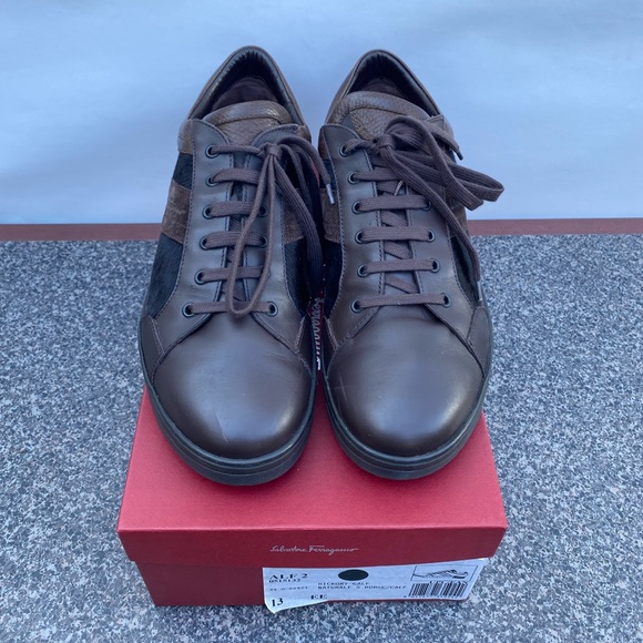 Salvatore Ferragamo ALF 2 Hickory Brown Calf Leather & Real Fur Sneaker13 EE